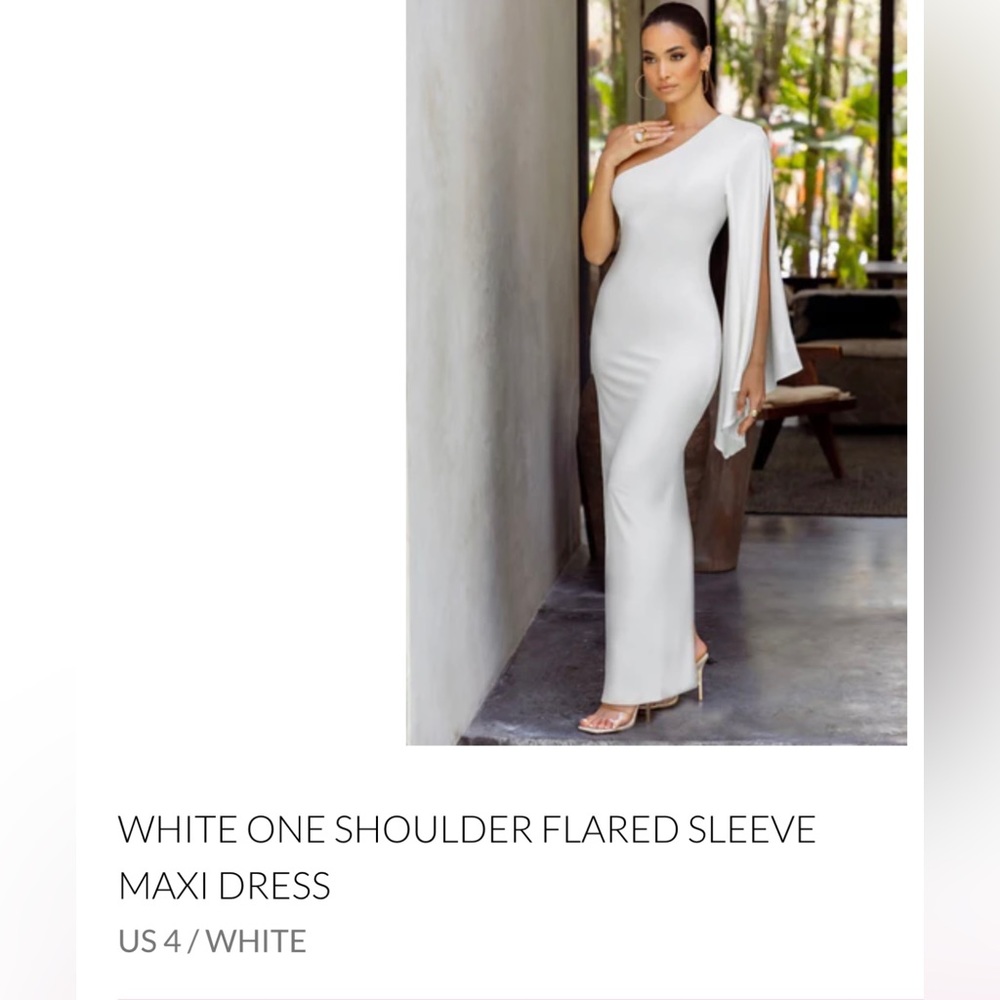 White one shoulder flared slit stretchy white dress